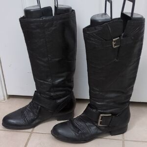 Vintage Steve Madden Black Leather Knee High Boots With Buckle & Slouchy Detail